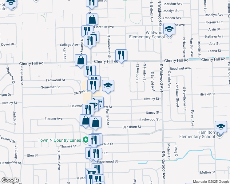 map of restaurants, bars, coffee shops, grocery stores, and more near 35100 Bayview Street in Westland