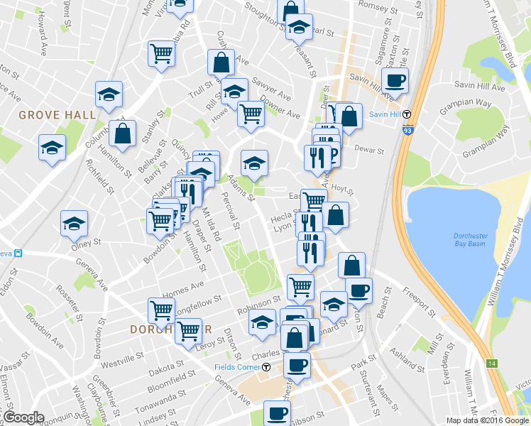 map of restaurants, bars, coffee shops, grocery stores, and more near 58 Adams Street in Boston