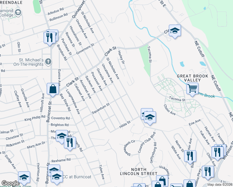 map of restaurants, bars, coffee shops, grocery stores, and more near 244 Saint Nicholas Avenue in Worcester