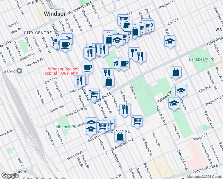 map of restaurants, bars, coffee shops, grocery stores, and more near 208 Giles Boulevard East in Windsor