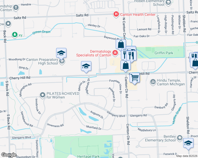 map of restaurants, bars, coffee shops, grocery stores, and more near 142 Scarlett Drive in Canton