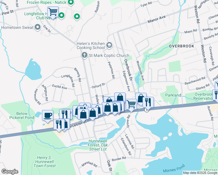 map of restaurants, bars, coffee shops, grocery stores, and more near 7 Westwood Road in Natick