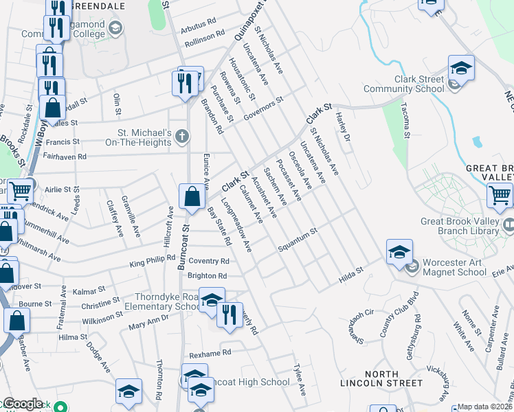 map of restaurants, bars, coffee shops, grocery stores, and more near 9 Calumet Avenue in Worcester