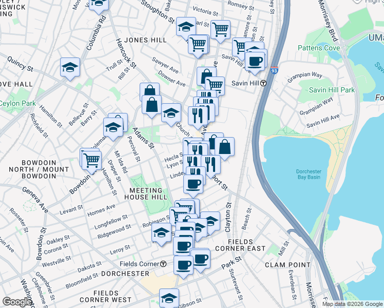map of restaurants, bars, coffee shops, grocery stores, and more near 20 East Street in Boston
