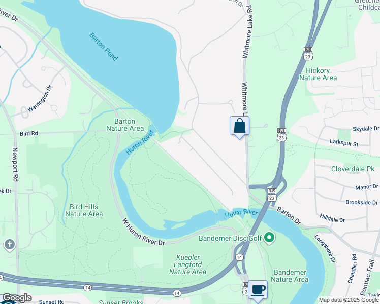 map of restaurants, bars, coffee shops, grocery stores, and more near 175 Barton Shore Drive in Ann Arbor