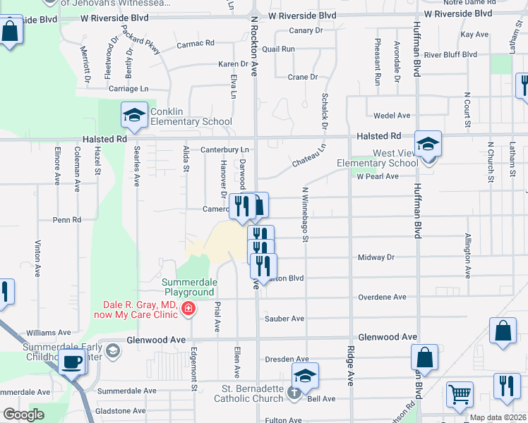 map of restaurants, bars, coffee shops, grocery stores, and more near 2423 Pierce Avenue in Rockford