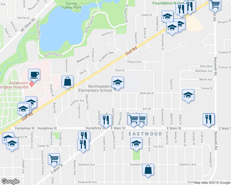 map of restaurants, bars, coffee shops, grocery stores, and more near 2433 Gertrude Street in Kalamazoo