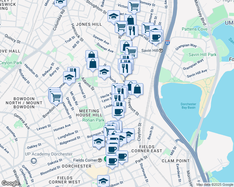 map of restaurants, bars, coffee shops, grocery stores, and more near 20 East Street in Boston