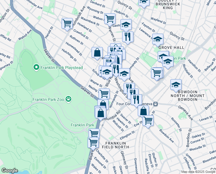 map of restaurants, bars, coffee shops, grocery stores, and more near 488 Blue Hill Avenue in Boston