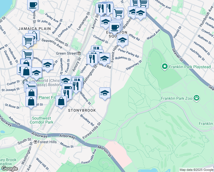 map of restaurants, bars, coffee shops, grocery stores, and more near 143 Forest Hills Street in Boston