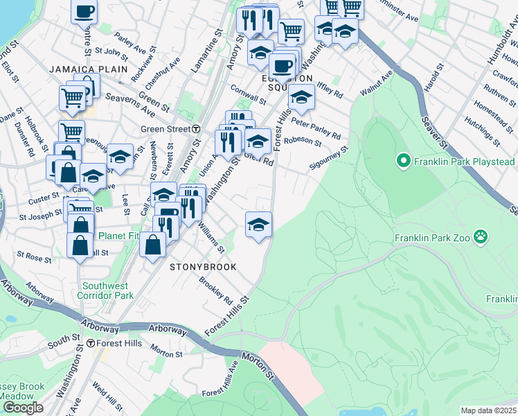 map of restaurants, bars, coffee shops, grocery stores, and more near 143 Forest Hills Street in Boston