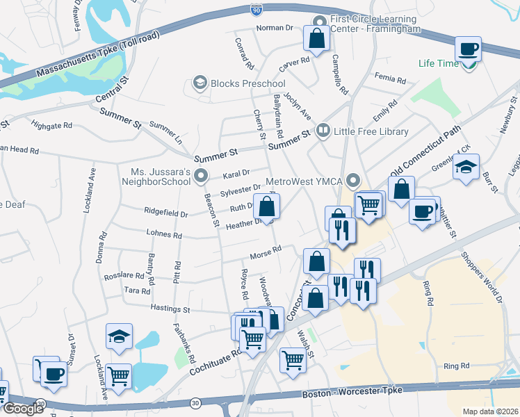 map of restaurants, bars, coffee shops, grocery stores, and more near 3 Ruth Drive in Framingham