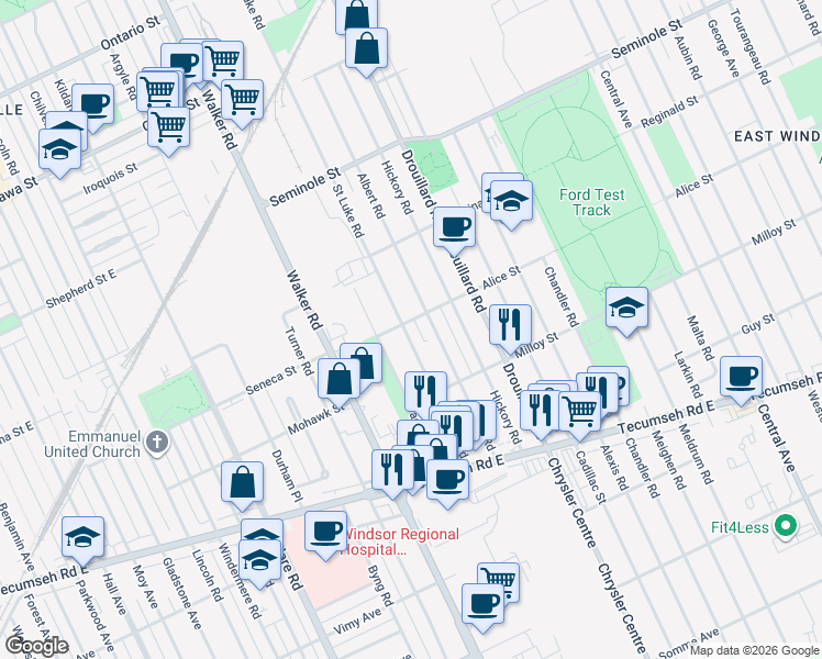 map of restaurants, bars, coffee shops, grocery stores, and more near 1697 Albert Road in Windsor