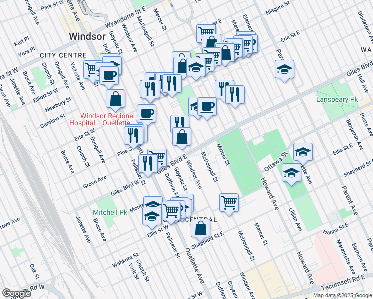 map of restaurants, bars, coffee shops, grocery stores, and more near in Windsor