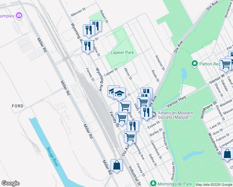 map of restaurants, bars, coffee shops, grocery stores, and more near 2770 Salina Street in Dearborn