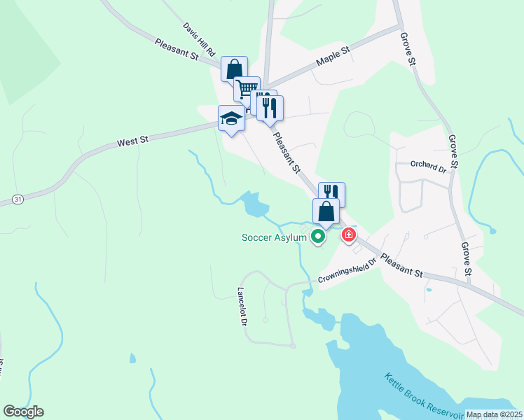 map of restaurants, bars, coffee shops, grocery stores, and more near 19 West Street in Paxton