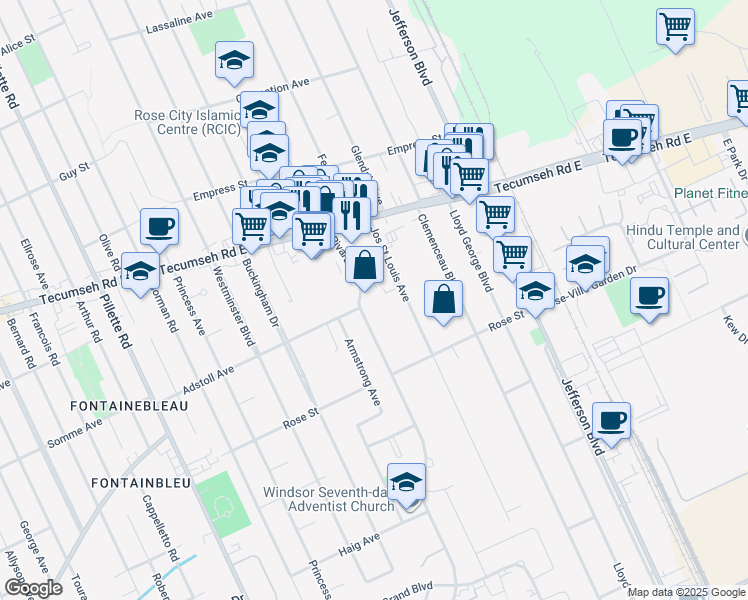 map of restaurants, bars, coffee shops, grocery stores, and more near 2486 Rivard Avenue in Windsor