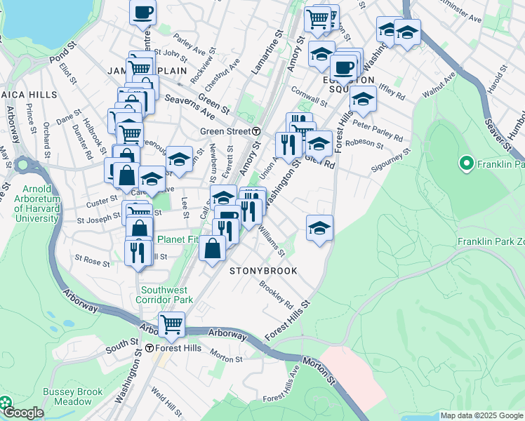map of restaurants, bars, coffee shops, grocery stores, and more near Washington Street in Boston