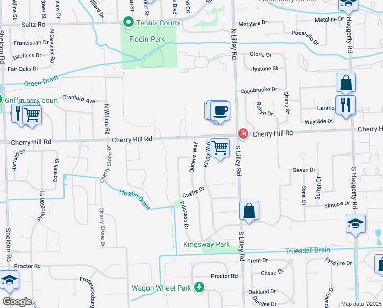 map of restaurants, bars, coffee shops, grocery stores, and more near 170 Queens Way in Canton