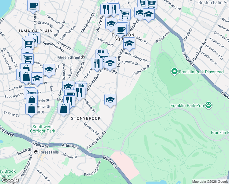 map of restaurants, bars, coffee shops, grocery stores, and more near 143 Forest Hills Street in Boston