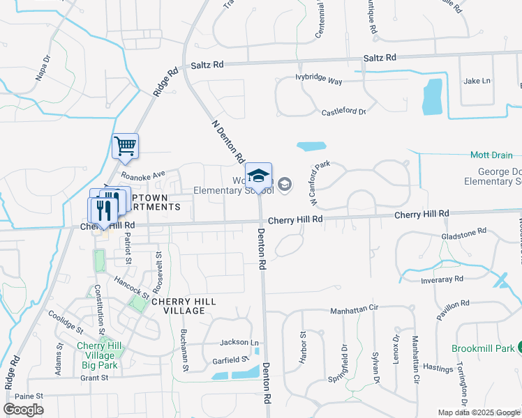 map of restaurants, bars, coffee shops, grocery stores, and more near 250 Denton Road in Canton