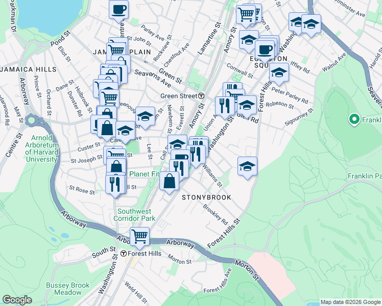 map of restaurants, bars, coffee shops, grocery stores, and more near 26 Williams Street in Boston