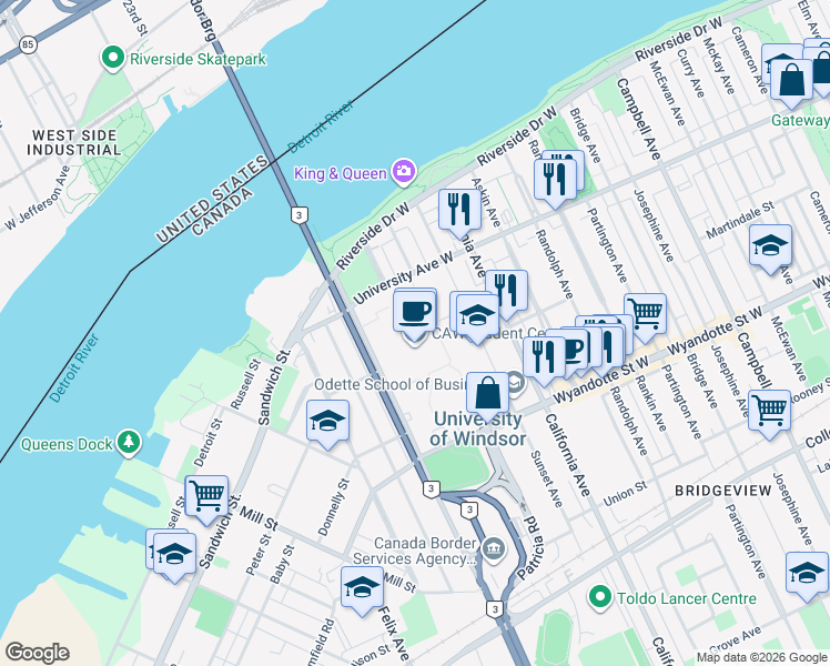 map of restaurants, bars, coffee shops, grocery stores, and more near 401 Sunset Avenue in Windsor