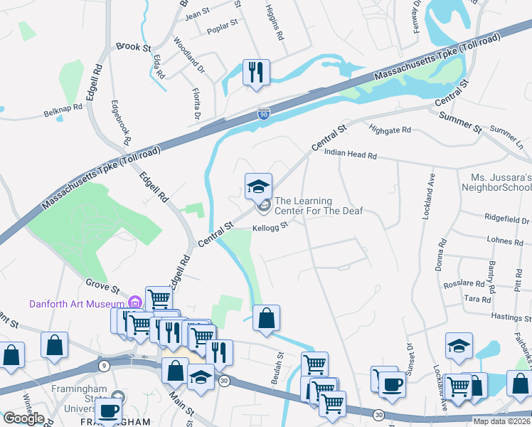 map of restaurants, bars, coffee shops, grocery stores, and more near 830 Central Street in Framingham