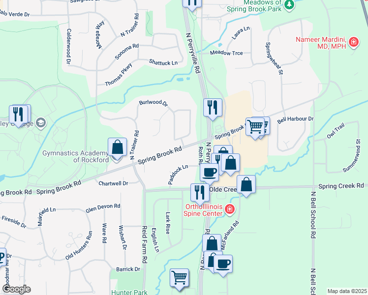 map of restaurants, bars, coffee shops, grocery stores, and more near 6899 Spring Brook Road in Rockford