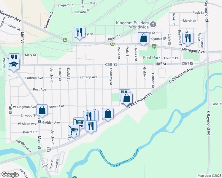 map of restaurants, bars, coffee shops, grocery stores, and more near 136 Academy St in Battle Creek