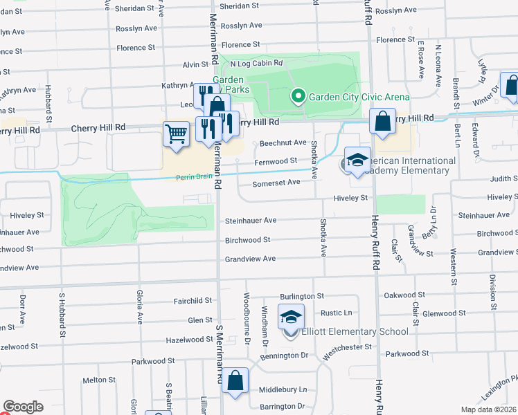 map of restaurants, bars, coffee shops, grocery stores, and more near 31031 Hiveley Street in Westland