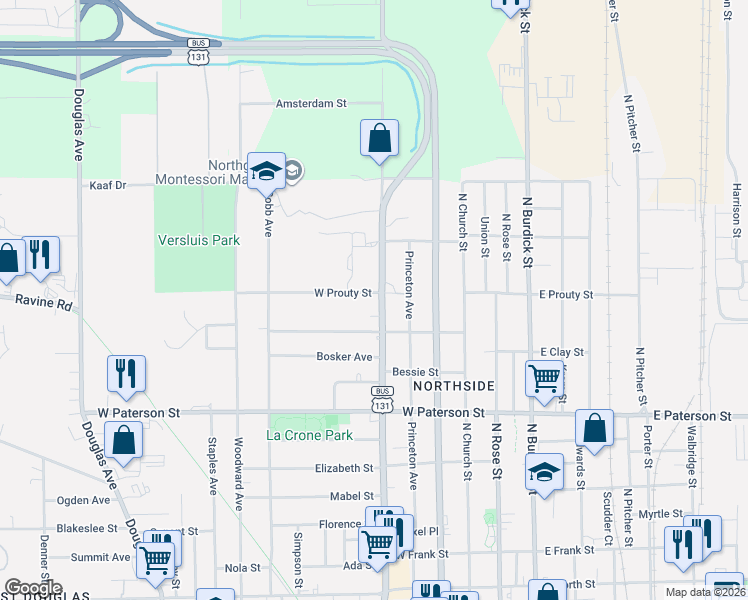 map of restaurants, bars, coffee shops, grocery stores, and more near 1624 North Westnedge Avenue in Kalamazoo