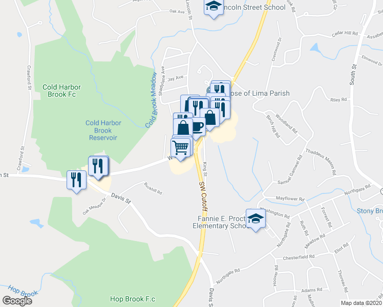 map of restaurants, bars, coffee shops, grocery stores, and more near 293 West Main Street in Northborough