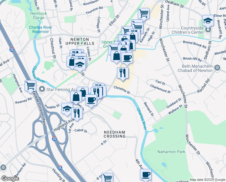 map of restaurants, bars, coffee shops, grocery stores, and more near 320 Needham Street in Newton