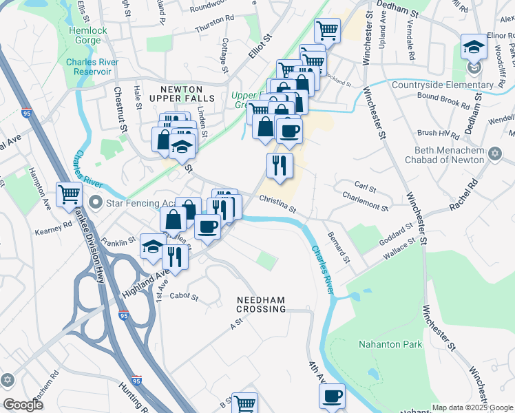 map of restaurants, bars, coffee shops, grocery stores, and more near 320 Needham Street in Newton