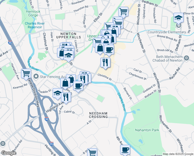 map of restaurants, bars, coffee shops, grocery stores, and more near 124 Vernon Street in Newton