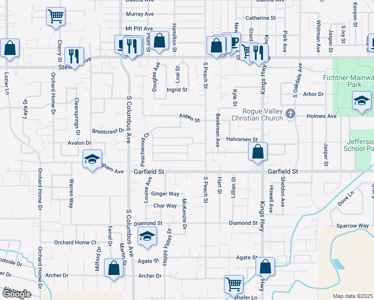 map of restaurants, bars, coffee shops, grocery stores, and more near 1570 South Peach Street in Medford
