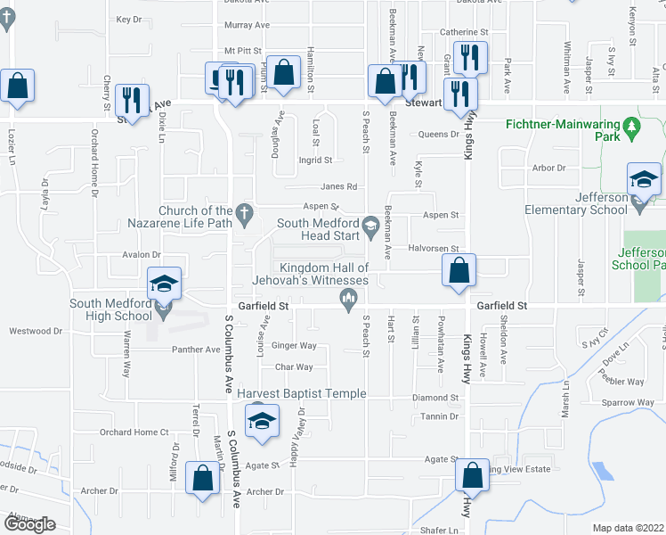 map of restaurants, bars, coffee shops, grocery stores, and more near 1570 South Peach Street in Medford