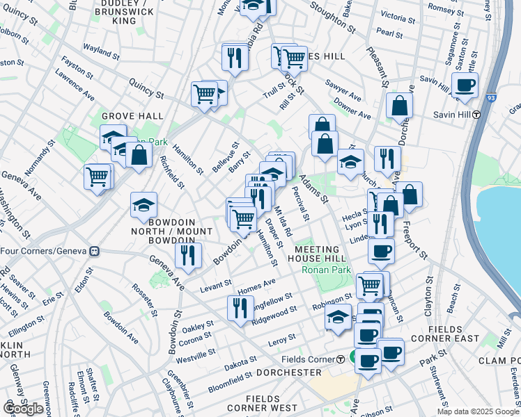 map of restaurants, bars, coffee shops, grocery stores, and more near 66 Coleman Street in Boston