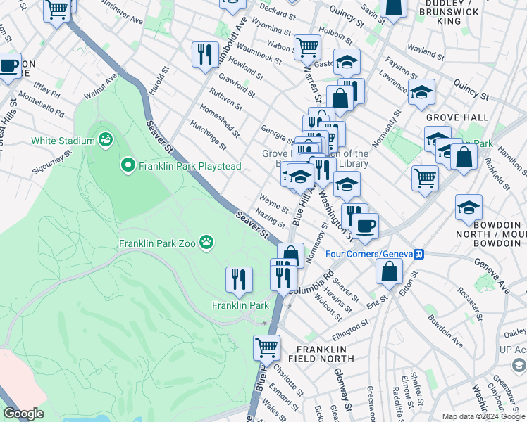 map of restaurants, bars, coffee shops, grocery stores, and more near 38 Wayne Street in Boston