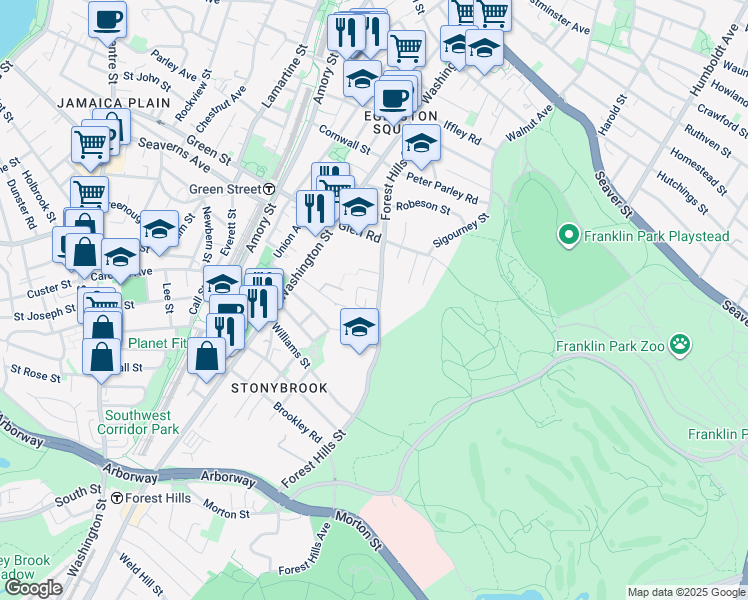map of restaurants, bars, coffee shops, grocery stores, and more near 143 Forest Hills Street in Boston