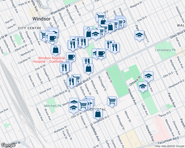 map of restaurants, bars, coffee shops, grocery stores, and more near in Windsor