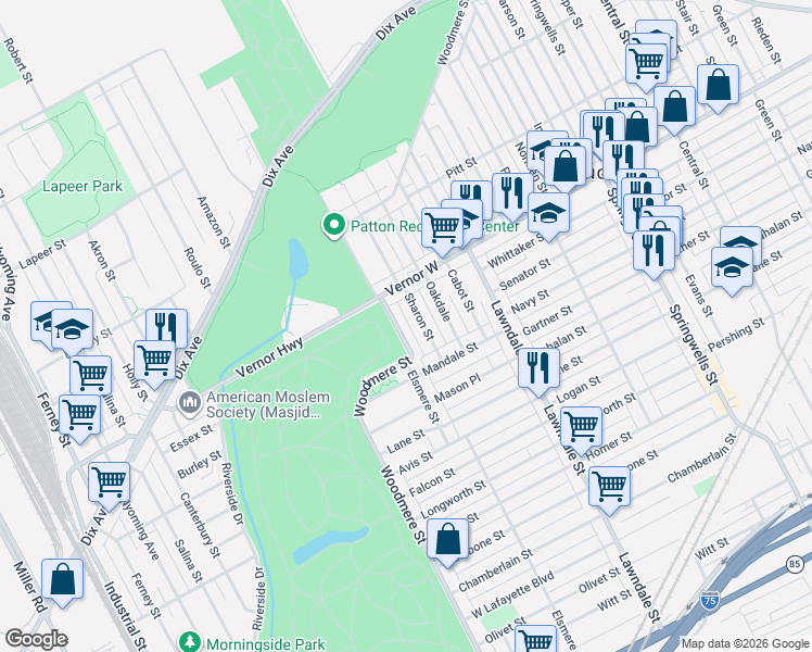 map of restaurants, bars, coffee shops, grocery stores, and more near 2018 Sharon Street in Detroit
