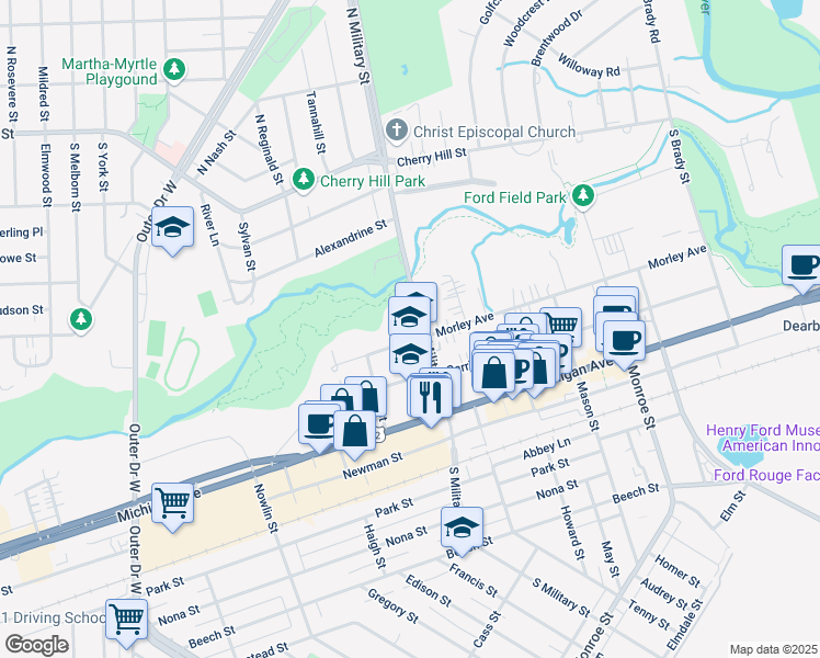 map of restaurants, bars, coffee shops, grocery stores, and more near 706 South Military Street in Dearborn