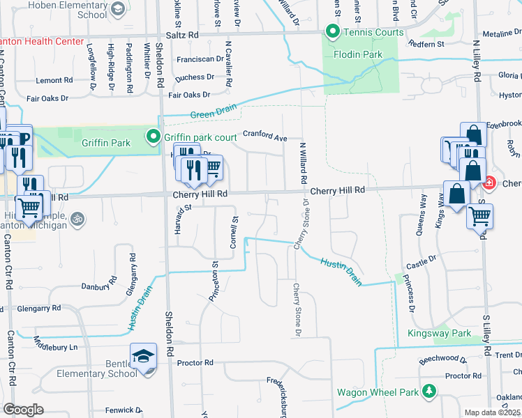 map of restaurants, bars, coffee shops, grocery stores, and more near 43896 Cherry Hill Road in Canton
