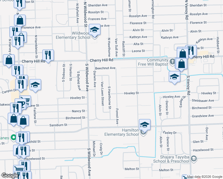 map of restaurants, bars, coffee shops, grocery stores, and more near 504 South Hawthorne Street in Westland