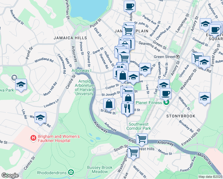 map of restaurants, bars, coffee shops, grocery stores, and more near 15 Custer Street in Boston