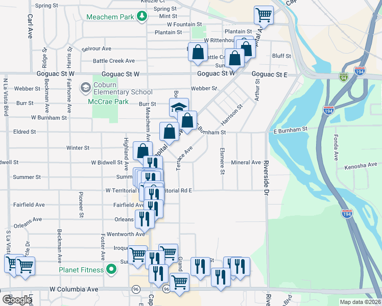 map of restaurants, bars, coffee shops, grocery stores, and more near 25 Terrace Avenue in Battle Creek