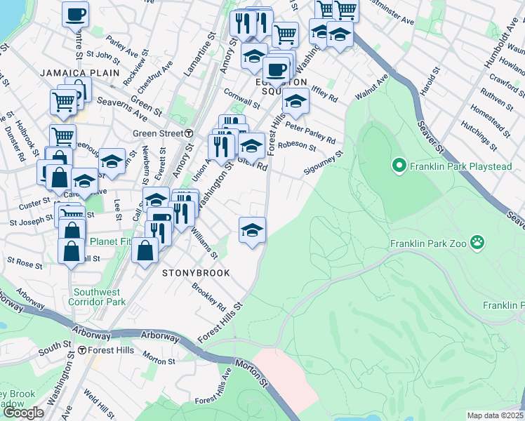 map of restaurants, bars, coffee shops, grocery stores, and more near 143 Forest Hills Street in Boston