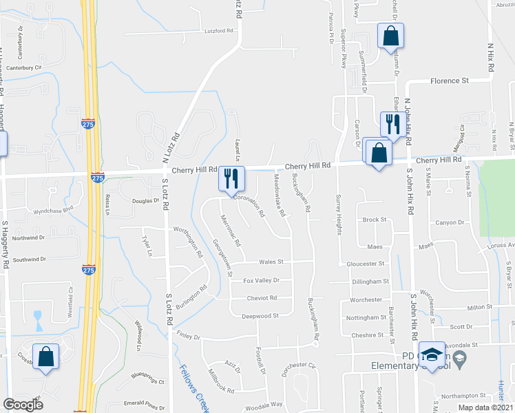 map of restaurants, bars, coffee shops, grocery stores, and more near 39882 Coronation Road in Canton